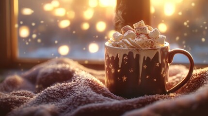 Sticker - Hot cocoa with marshmallows in cozy mug, winter holiday ambiance, warm drink by the window, festive background lights