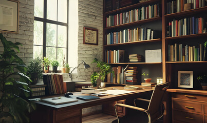 Wall Mural - Vintage workspace with phill of books and mockup poster