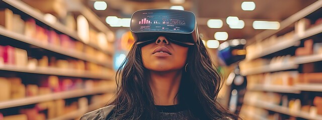 A customer using augmented reality glasses to shop in a high-tech retail store. The individual interacts with holographic product displays