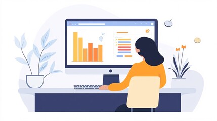 Aufkleber - Businesswoman analyzing graphs and data on computer in modern office