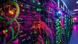 © Sirinya - A high-tech data center with servers emitting neon colors and intricate network cable connections.