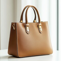 Tan leather tote bag with gold accents on white background.