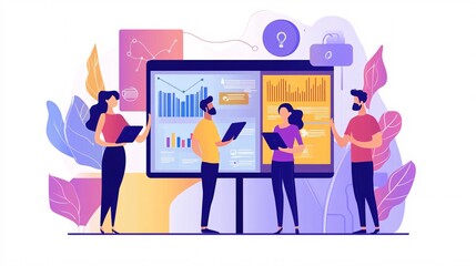 Fototapete - Business people analyzing financial charts and graphs on a large interactive screen