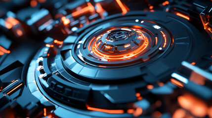 Leinwandbilder - Futuristic energy generation: advanced circular structure emitting orange light with complex design