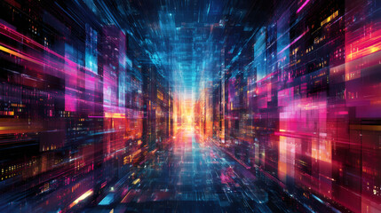 Poster - Vibrant digital data moving through cyberspace and vibrant server racks, forming a high-tech corridor of the future