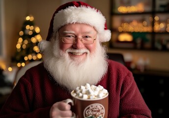 Wall Mural - A happy Santa Claus holding a mug of hot chocolate with marshmallows in his hands, sitting at a table against the backdrop of Christmas tree lights and smiling at the camera. He is wearing glasses and