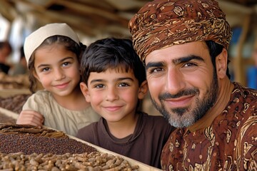 An ethnic family shopping at a bustling cultural market, choosing traditional spices and produce