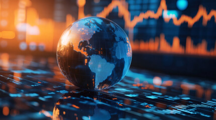 Poster - Rotating glass globe on a digital surface, displaying global market data and financial trends, emphasizing international trade connections