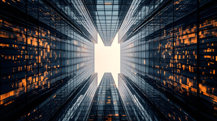 Fototapete - Illuminated modern skyscrapers at dusk, creating a sense of wonder in a futuristic cityscape from a low angle view