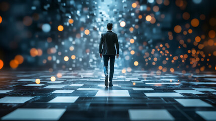 Aufkleber - Businessman walking away on checkered floor towards glowing particles and light in dark room, concept of future and innovation