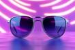 © Thanyarat - A 3D-rendered pair of modern eyeglasses with vibrant, reflective lenses, set on a dynamic surface with creative lighting effects