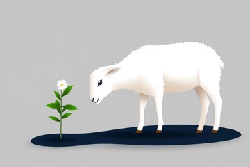 Aufkleber - A clean, flat design of a ewe grazing near a small plant, with simple geometric shapes representing grass and flowers