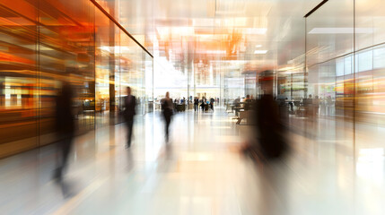 Poster - Businesspeople are walking in a modern office corridor with a motion blur effect, conveying a sense of urgency and activity