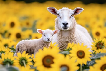 a ewe and her lamb exploring a patch of bright sunflowers in a rural farm field