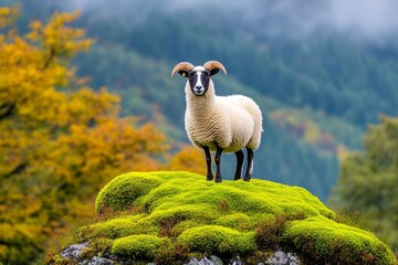 a ewe standing near a patch of vibrant green moss, with a forest backdrop adding depth
