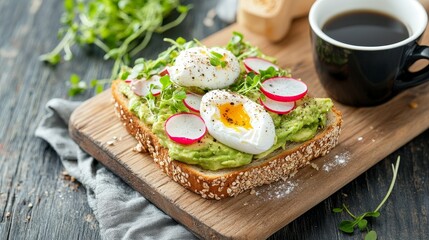 Sticker - Poached Eggs and Avocado Toast with Radishes on Wooden Board, Tasty Breakfast with Black Coffee, Fresh and Healthy Meal