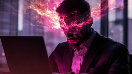Poster - Businessman having a brainstorm while working on a laptop, with a glowing head effect, symbolizing creativity and inspiration