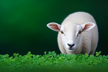 a hyper-realistic close-up of a ewe grazing on a patch of clover, with detailed plant textures and f