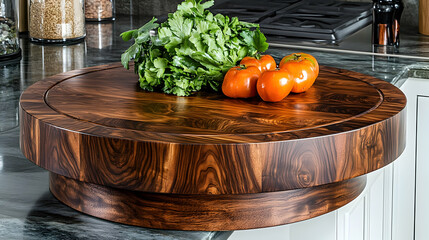 Wall Mural - Round wooden cutting board with tomatoes and parsley on kitchen counter.