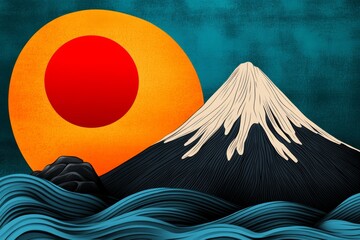 Poster - A minimalist illustration of a mountain silhouette with a rising sun, symbolizing growth and transformative experiences, drawn in clean lines and soft gradients