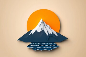 Poster - A minimalist illustration of a mountain silhouette with a rising sun, symbolizing growth and transformative experiences, drawn in clean lines and soft gradients