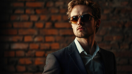 Canvas Print - Confident businessman in sunglasses and suit posing in front of a brick wall, projecting style and professionalism in a portrait