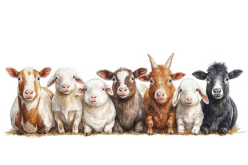 A group of seven adorable farm animals, showcasing a variety of colors and breeds, set against a white isolated background.