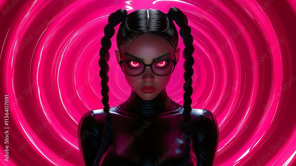 strict looking woman, dominant looking mother vibs, wearing dark latex catsuit, arrogant