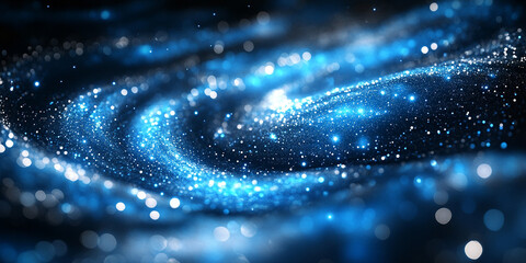 vibrant blue and silver lights swirl across a deep dark background, adding futuristic motion
