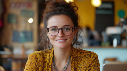 Poster - Photo of a cheerful young freelance woman with glasses working on a laptop at a cafe