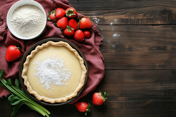 Wall Mural - Homemade Pie on a dark wooden table with ingredients, horizontal view from above, flatlay, close-up. National Raspberry Cream Pie Day