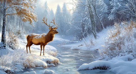 Canvas Print - A beautiful deer in the winter forest, christmas theme