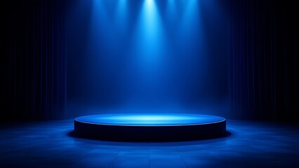 Dark blue stage podium 3d background product platform of empty scene presentation pedestal minimal showcase stand or abstract light show blank display and neon spotlight showroom on luxury backdrop.