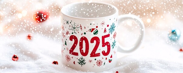 Wall Mural - 2025 christmas mug celebrating new year with festive decorations and falling snow