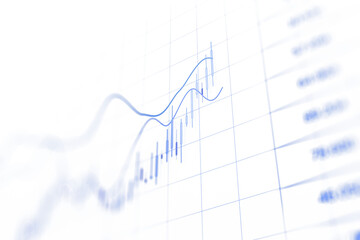 Fototapete - Abstract financial chart with blue lines and bars over a white grid, emphasizing analysis and trends, on a white background, concept of finance. 3D Rendering.