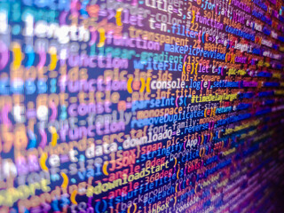 Template of website, selective focus. Happy birthday. Code background. Happy men and women smiling. Programming code text on computer screen. Computer programming source code. Web dewelopment.