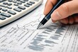 © Rozie - Close-Up of a Hand Holding a Pen Over Financial Reports and Charts with a Calculator in the Background, Representing Business Analysis and Data Interpretation