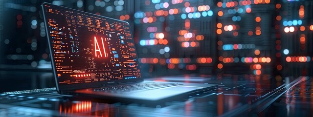 AI displayed on a laptop screen amidst a blurred backdrop of server lights.
