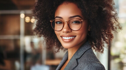 Canvas Print - Happy businesswoman with glasses smiles in a contemporary office setting