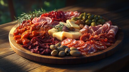 Sticker - Charcuterie board with meats cheeses olives herbs tomatoes on wooden table, food photography, rustic delicious appetizers