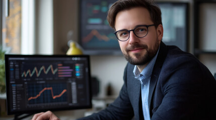 Leinwandbilder - Stock market broker analyzing charts on multiple computer screens, working in modern office