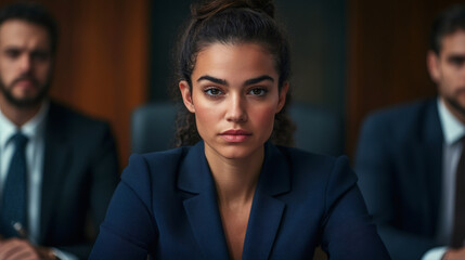 Canvas Print - Businesswoman maintains a serious expression while sitting at a conference table, her colleagues blurred in the background