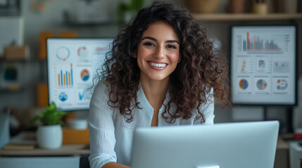 Leinwandbilder - Smiling young businesswoman working with laptop and financial charts in the background