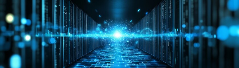 Illuminated server room hallway, a glimpse into modern network infrastructure 