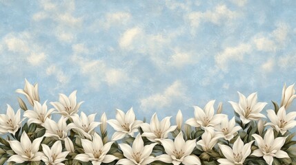 Wall Mural - Closeup of delicate white flowers on a tranquil blue background 