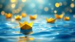© Din Nasahrudin - With new members joining the team, Paper Boat is the leader collaboration, leadership, partnership, teamwork, and involvement. On a blue background, a yellow leader boat is guiding boats