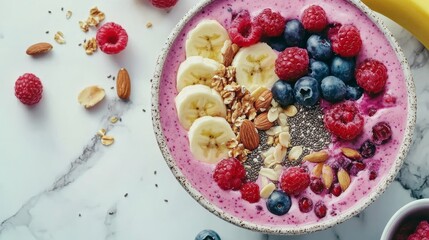 Sticker - Colorful fruit bowl, berries, banana, nuts, breakfast, fresh, healthy, vibrant, delicious, smoothie, yogurt, almond, chia