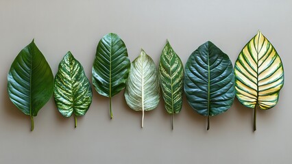 Wall Mural - Variety of green leaves displayed in a row on a neutral background