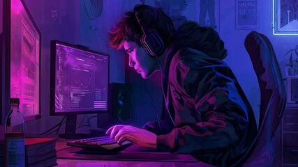 Male gamer bad habit smoking cigarette behind the computer, anime style