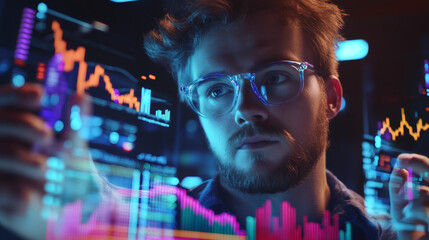 Poster - Financial analyst analyzing stock market data on interactive transparent screens, visualizing futuristic trading and investment strategies